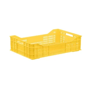 Caisse Agri-15 en plastique agricole vert, avec des côtés perforés pour la ventilation, des poignées renforcées et un design empilable