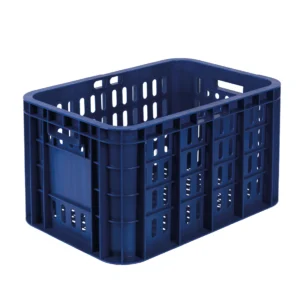 Caisse agricole en plastique ajourée de couleur bleue, dimensions 57x39x32 cm, empilable et résistante